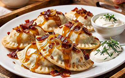 Pierogi ruskie z karmelizowaną cebulą i skwarkami z boczku