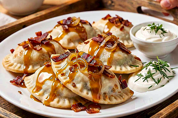 Pierogi ruskie z karmelizowaną cebulą i skwarkami z boczku
