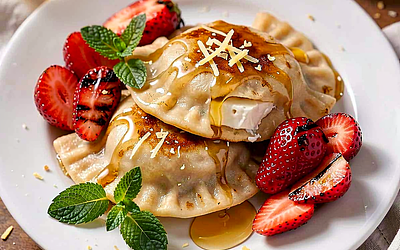 Pierogi with Grilled Strawberries, Vanilla Curd, and Lavender Honey