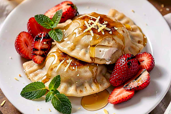 Pierogi z grillowanymi truskawkami, waniliowym twarogiem i miodem lawendowym