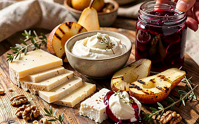 Deska serów góralskich z grillowaną gruszką i konfiturą z żurawiny
