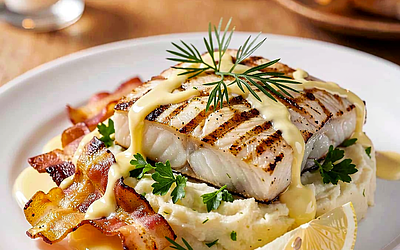 Grillowany dorsz na puree z pietruszki z chrupiącym boczkiem i sosem cytrynowym