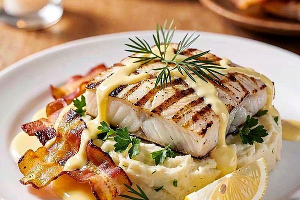 Grillowany dorsz na puree z pietruszki z chrupiącym boczkiem i sosem cytrynowym