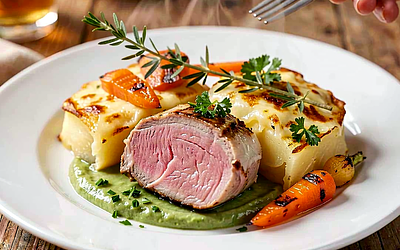Sous-vide veal with potato gratin and leek puree