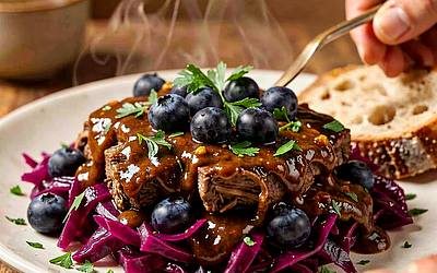 Venison stew with blueberries and braised red cabbage