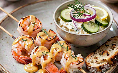 Grilled shrimp with spicy garlic-dill butter and a salad of lightly salted cucumbers