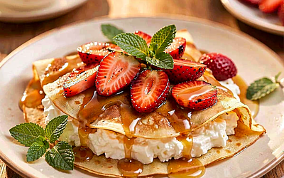 Cottage Cheese Pancakes with Grilled Strawberries and Vanilla-Honey Sauce