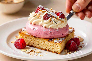 Raspberry sauce on warm almond cake with cream.