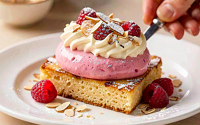 Raspberry sauce on warm almond cake with cream.