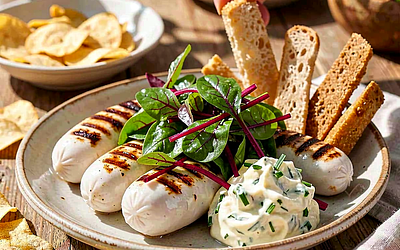 Grilled Easter white sausage with young beet greens, horseradish-chive remoulade, and rye bread chips