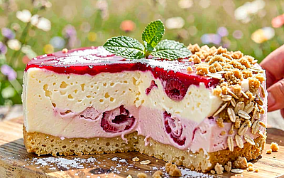 Cottage cheese cheesecake served cold with raspberry mousse and oat crumble