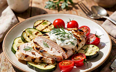 Filet z kurczaka grillowany z młodą cukinią, pomidorami koktajlowymi i koperkowym sosem jogurtowym