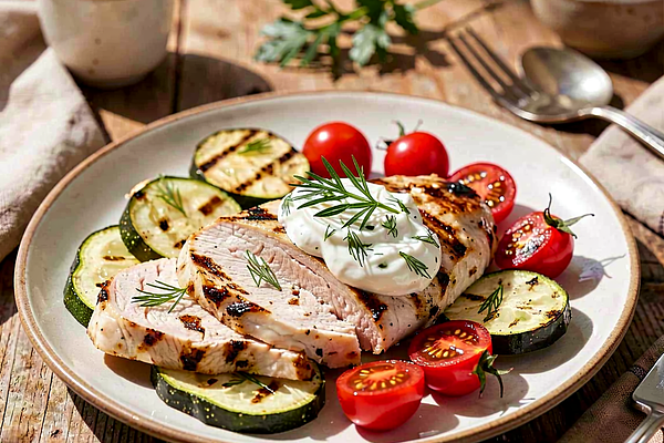 Filet z kurczaka grillowany z młodą cukinią, pomidorami koktajlowymi i koperkowym sosem jogurtowym