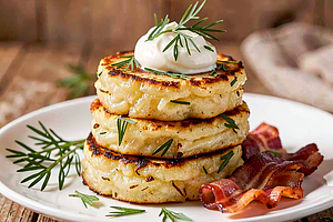 Mini potato pancakes with sour cream and fresh dill