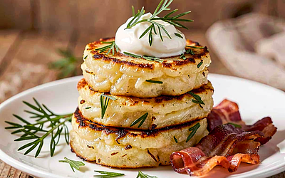 Mini potato pancakes with sour cream and fresh dill