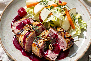 Grillowana pierś kaczki z malinowo-balsamicznym sosem i młodą kapustą