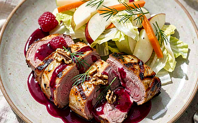 Grillowana pierś kaczki z malinowo-balsamicznym sosem i młodą kapustą