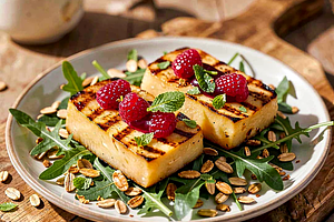 Grilled Oscypek with Forest Raspberry Chutney and Toasted Sunflower Seeds