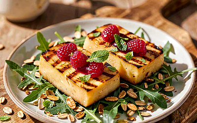 Grilled Oscypek with Forest Raspberry Chutney and Toasted Sunflower Seeds