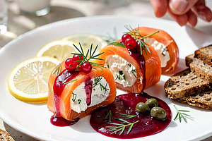 Salmon rolls with red currant sauce and dill