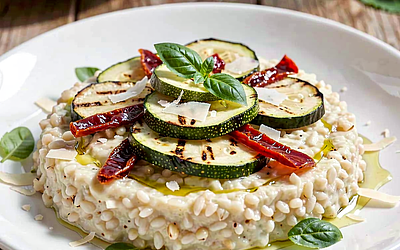 Summer Barley Risotto with Grilled Zucchini and Sun-Dried Tomatoes
