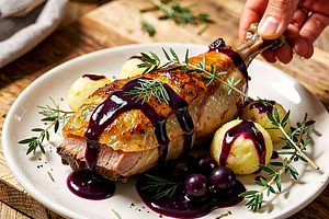 Duck confit with blackcurrant sauce and young potato dumplings