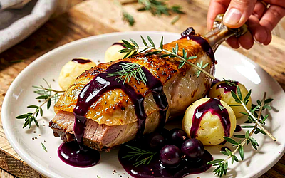 Duck confit with blackcurrant sauce and young potato dumplings