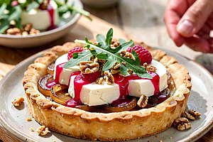 Tarta z kozim serem, karmelizowaną cebulką i malinowym vinaigrette