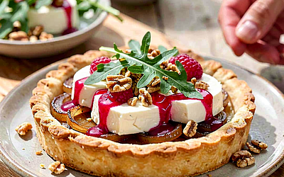 Goat Cheese Tart with Caramelized Onions and Raspberry Vinaigrette