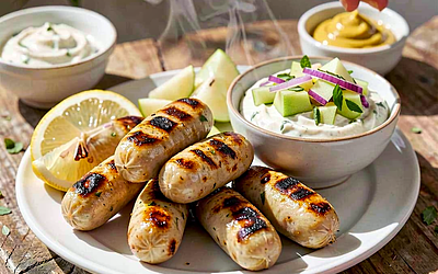 Grillowane polskie kiełbaski z salsą z zielonych jabłek i chrzanowym aioli