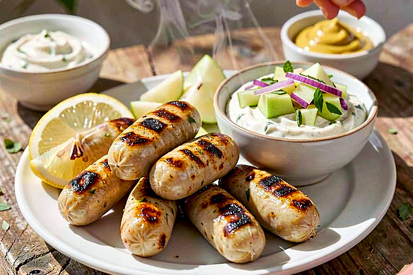 Grillowane polskie kiełbaski z salsą z zielonych jabłek i chrzanowym aioli