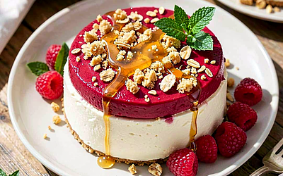 Summer cheesecake served cold with raspberry mousse and oat crumble