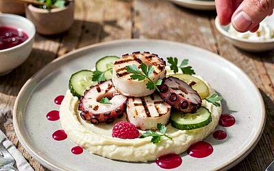 Grillowane ośmiornice z puree z selera, ogórkami małosolnymi i sosem z malin