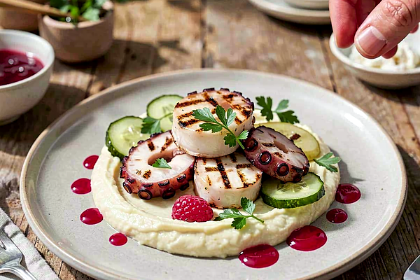 Grillowane ośmiornice z puree z selera, ogórkami małosolnymi i sosem z malin