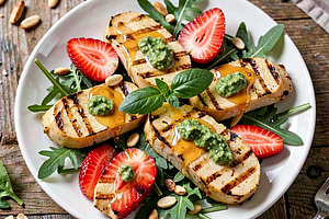Grilled oscypek with basil pesto and fresh strawberry