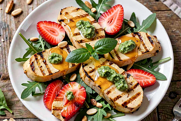 Grillowany oscypek z bazyliowym pesto i świeżą truskawką