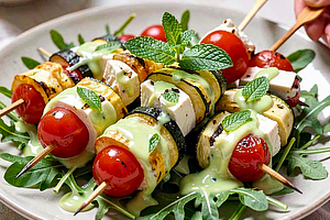 Grilled Zucchini Skewers with Cherry Tomatoes and Goat Cheese with Mint Dressing