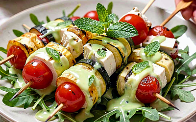Grilled Zucchini Skewers with Cherry Tomatoes and Goat Cheese with Mint Dressing