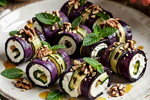 Eggplant rolls with goat cheese, mint, and grilled zucchini