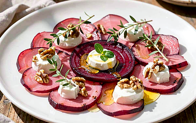 Carpaccio z grillowanych buraków z kozim twarożkiem i tymiankiem