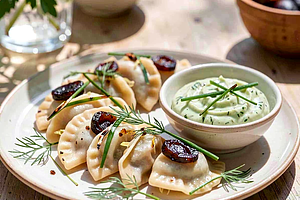 Mini pierogi with cabbage and dried plums with marjoram dip
