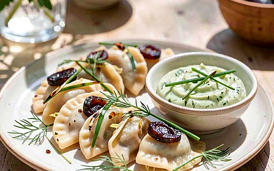 Mini pierogi z kapustą i suszoną śliwką z majerankowym dipem