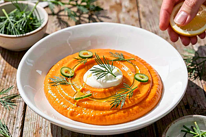 Cold young carrot cream with dill and spring onion