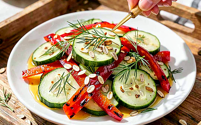 Young Cucumber Salad with Dill and Grilled Peppers with Honey