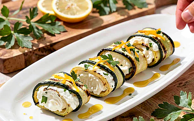 Grilled zucchini pastries with ricotta, parsley, and citrus zest