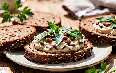 Pasta made from roasted beans with thyme on a slice of whole grain bread