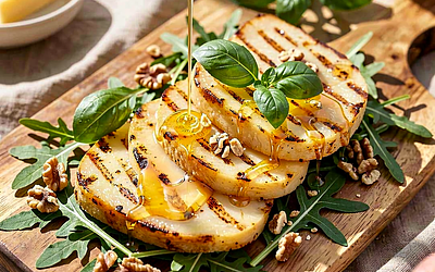 Grilled Oscypek Pastry with Honey and Fresh Basil