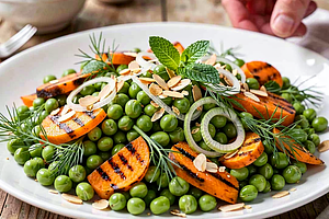 Young Pea Salad with Dill and Grilled Carrots with Spring Onions