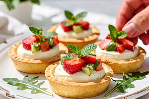 Mini tart with young cheese and mint-strawberry salsa
