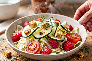 Sałatka z młodej kapusty, pomidorów malinowych, chipsów ze skórek ogórka i grzanek razowych z koperkiem